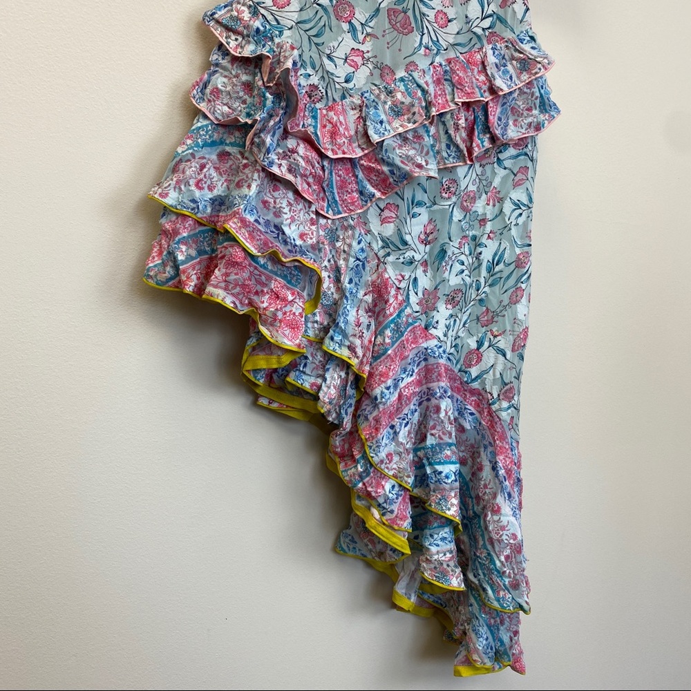 Hemant and Nandita Floral Ruffled Asymmetric Midi Dress in White, Pink, Blue - Picture 7 of 14